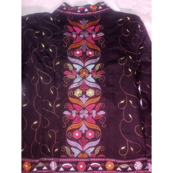 Vtg Denim & Co Blk Denim Trench Coat Embroidered Floral Multicolor‎ Small - Picture 9 of 9